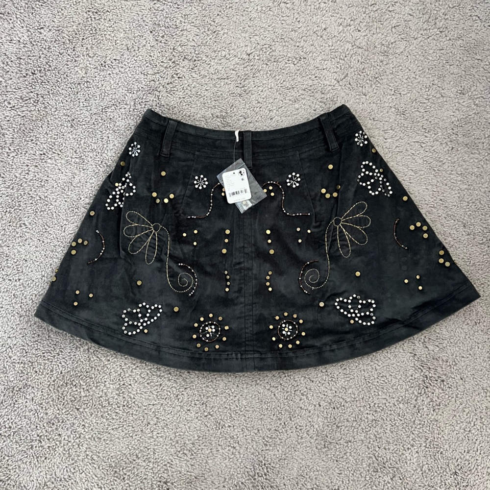 NWT Free People Quetzal Embroidered Black Velvet Skirt 6 - Picture 8 of 12